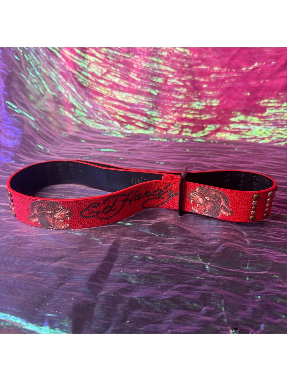 Y2K Ed Hardy Red Studded Belt Panther Tattoo Faux Leather Size 32 Double Prong
